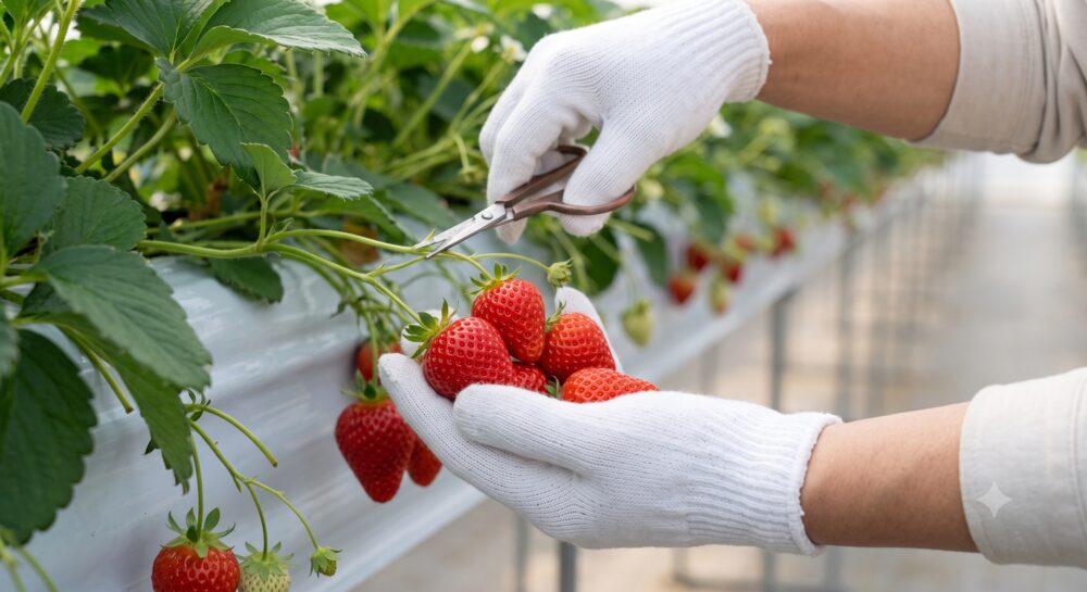 A Hikari Farms grower hand-harvesting ripe strawberries with careful attention
