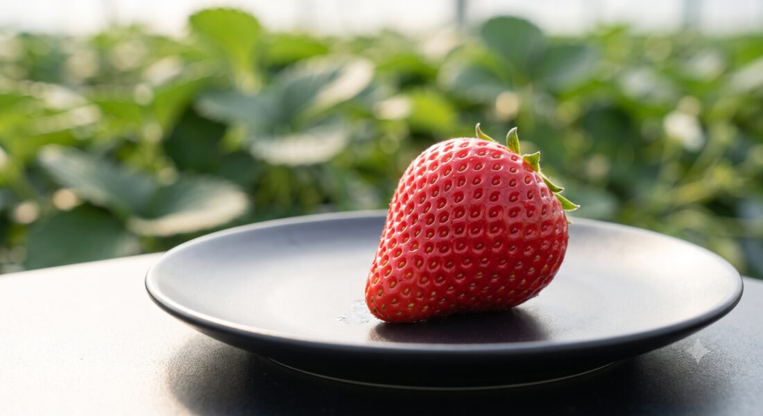 A single ripe Hikari Farms strawberry, freshly harvested